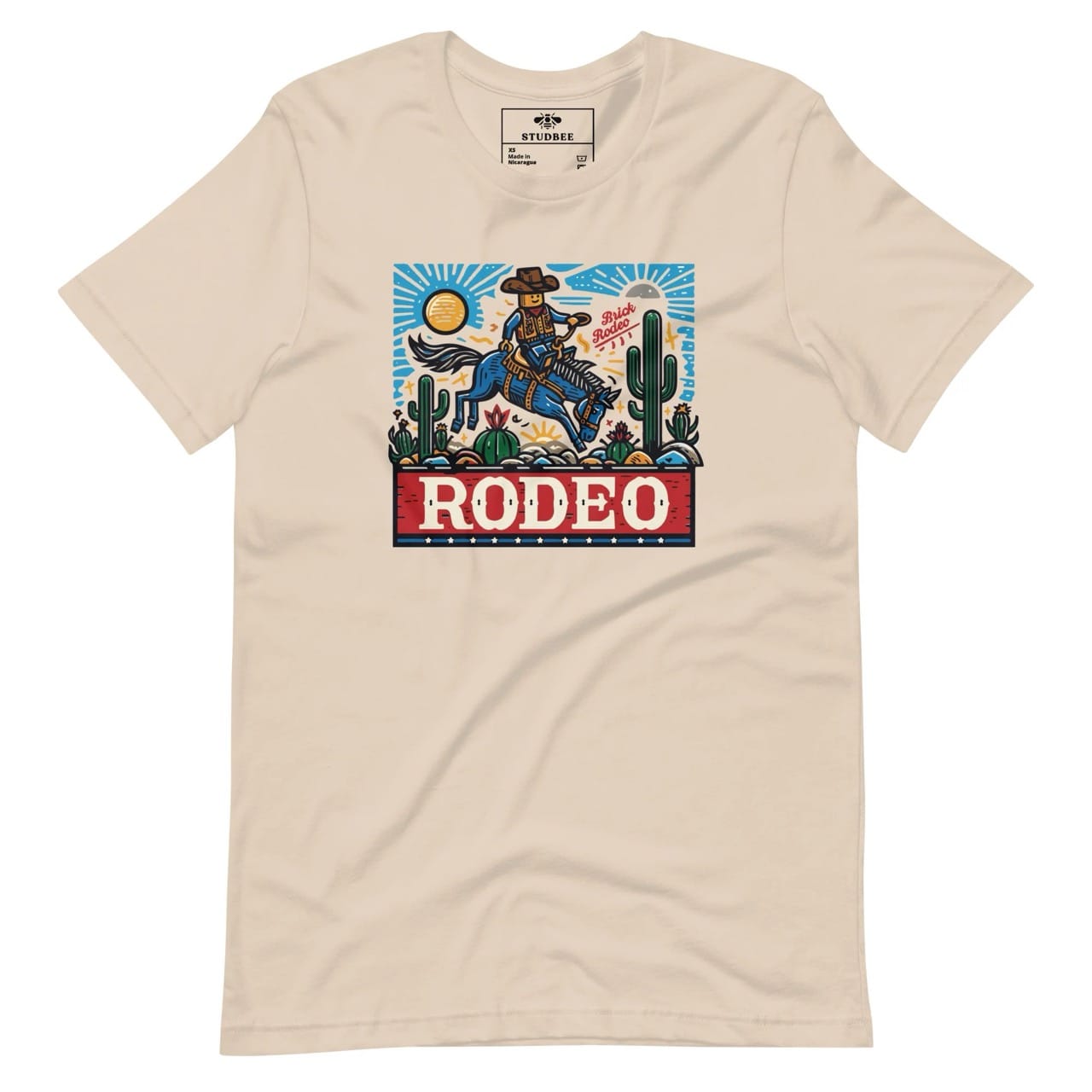 Promotional graphic for the exclusive Brick Rodeo T-shirt available at Studbee's store.