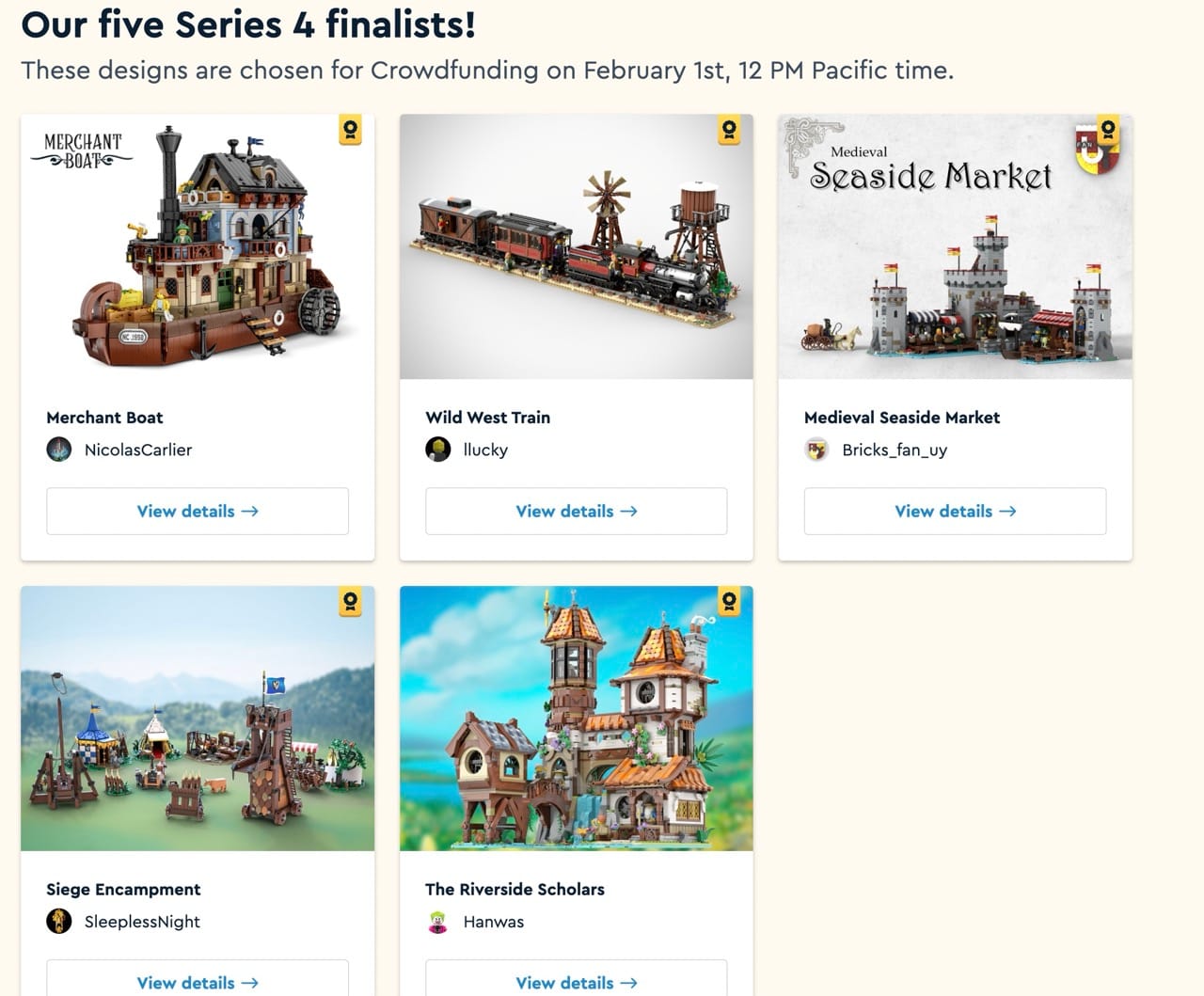 Collection of the Bricklink Designer Program finalists' LEGO sets, featuring medieval and wild west themed designs.