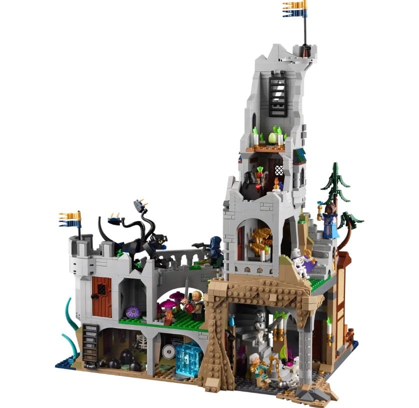 A sweeping overview of the back of the LEGO Dungeons & Dragons set 'Red Dragon's Tale', featuring the detailed castle and red dragon.