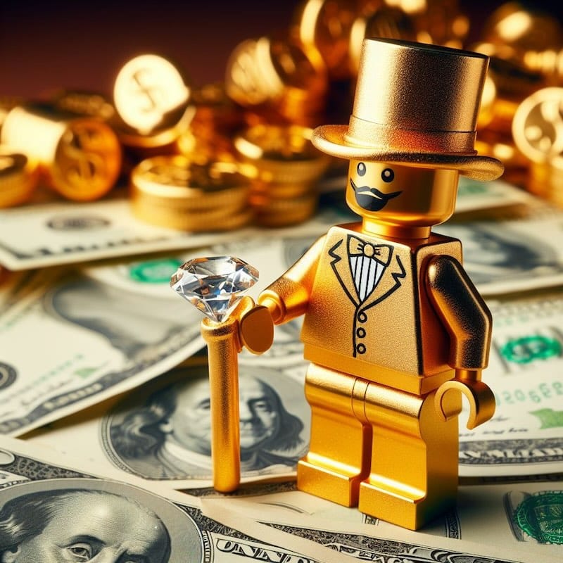 a lego minifigure made of gold standing on a pile of hundred dollar bills