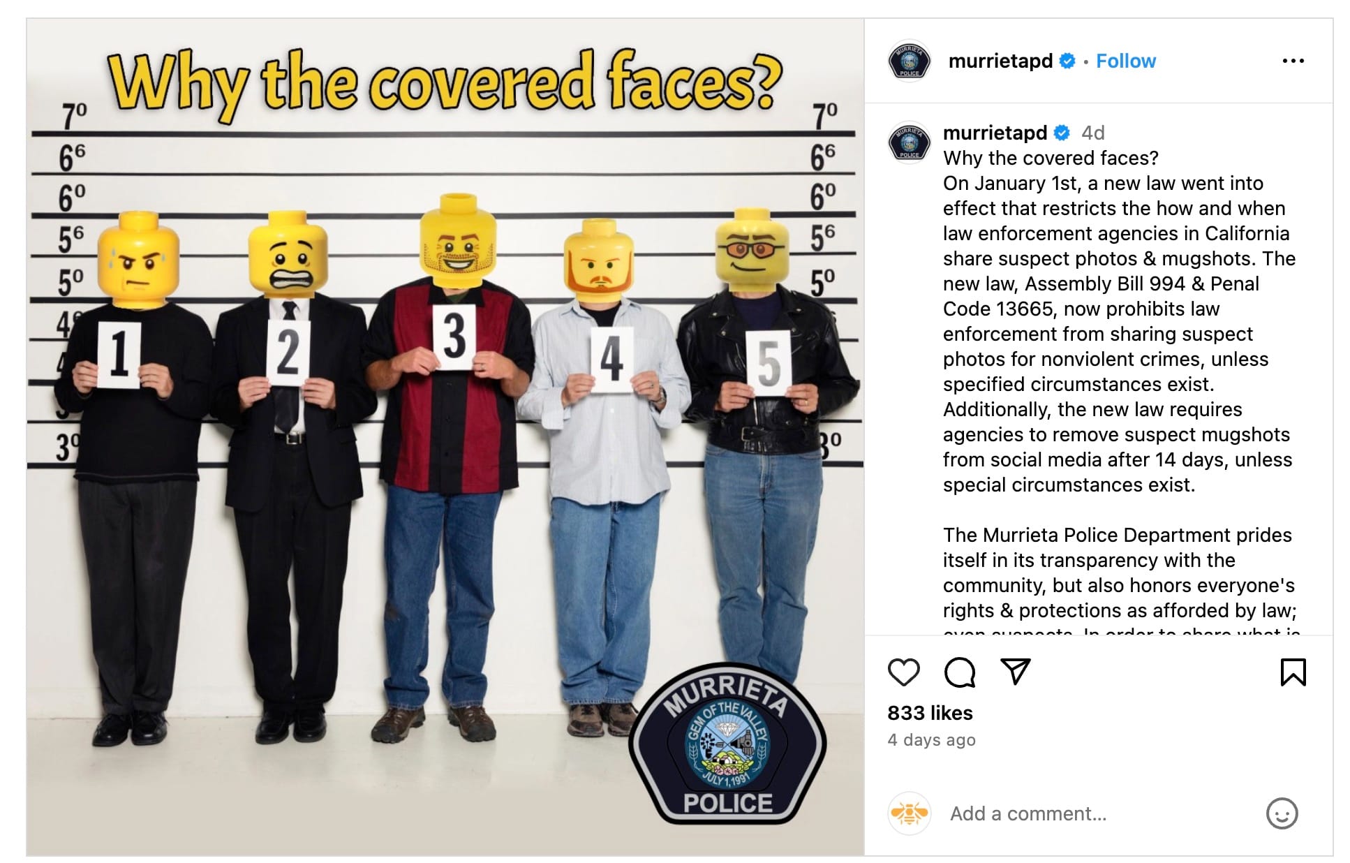 Screenshot from Murrieta PD's Instagram account showcasing LEGO heads used for privacy in suspect images.