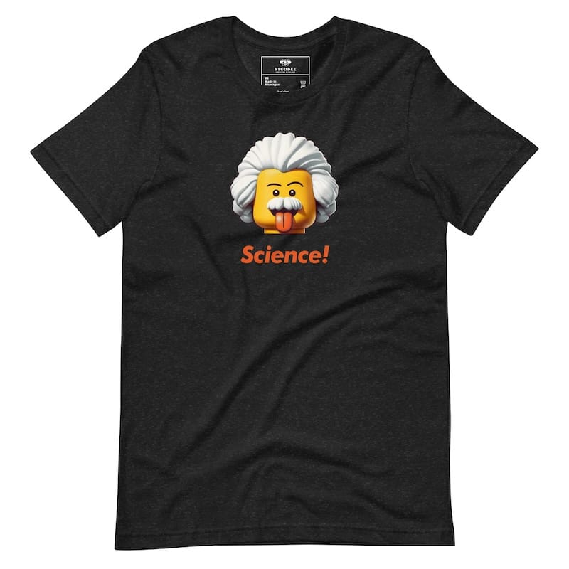 a tshirt product photo of a lego minifigure of einstein sticking his tongue out