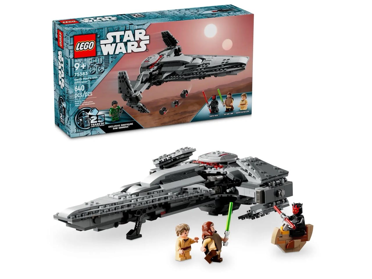 Promotional image of LEGO set 75383 Darth Maul's Sith Infiltrator, featuring four minifigures including an exclusive Saw Guerrera.