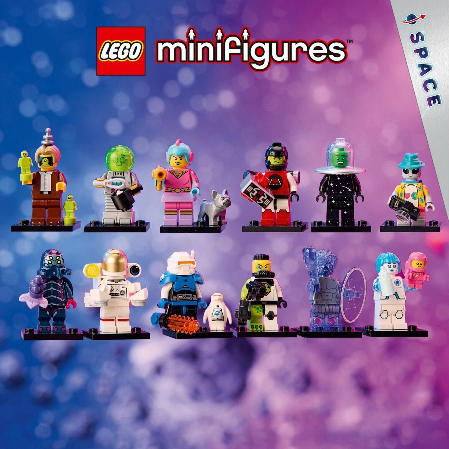 Collage of 12 new space-themed LEGO minifigures from the Collectible Minifigure Series 26.