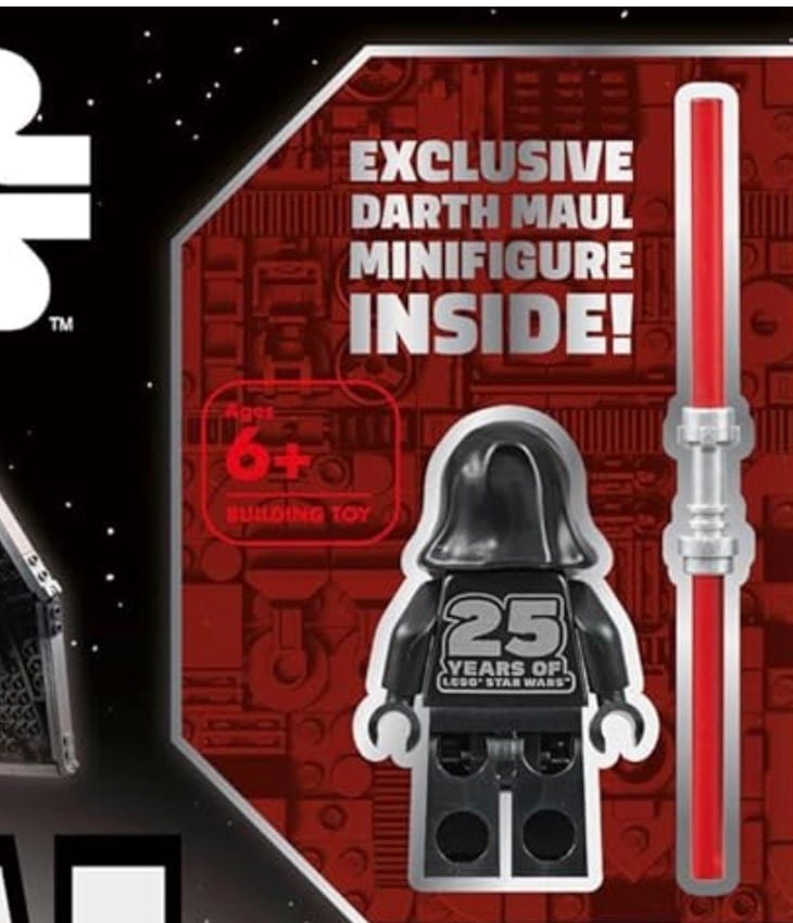 Cover of the LEGO Star Wars Visual Dictionary Updated Edition with the exclusive 25th Anniversary Darth Maul minifigure.