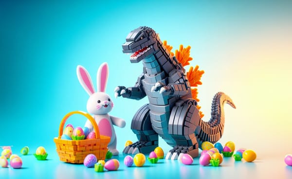 a easter bunny and a lego godzilla collect easter eggs