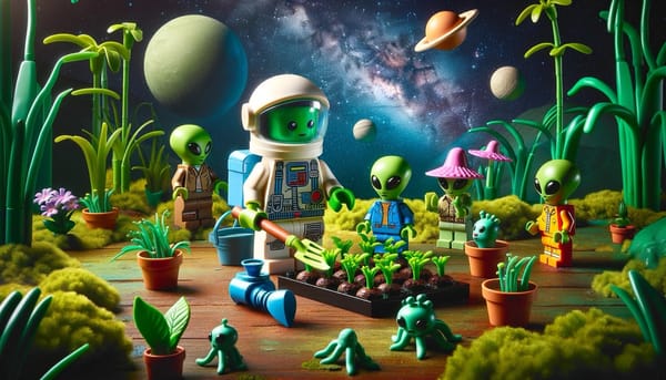 A LEGO minifigure planting seeds with a space-themed kit.