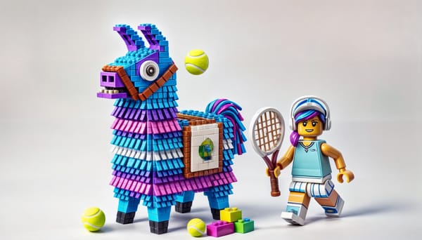 A Lego tennis player holds a racket beside a colorful Lego llama piñata, with tennis balls and Lego blocks scattered around.